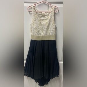 Fancy Black Dress Cream Lace Top Gold Stitching high low skirt size 8